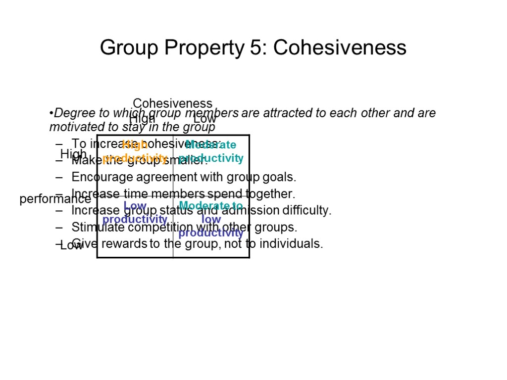 Group Property 5: Cohesiveness Degree to which group members are attracted to each other